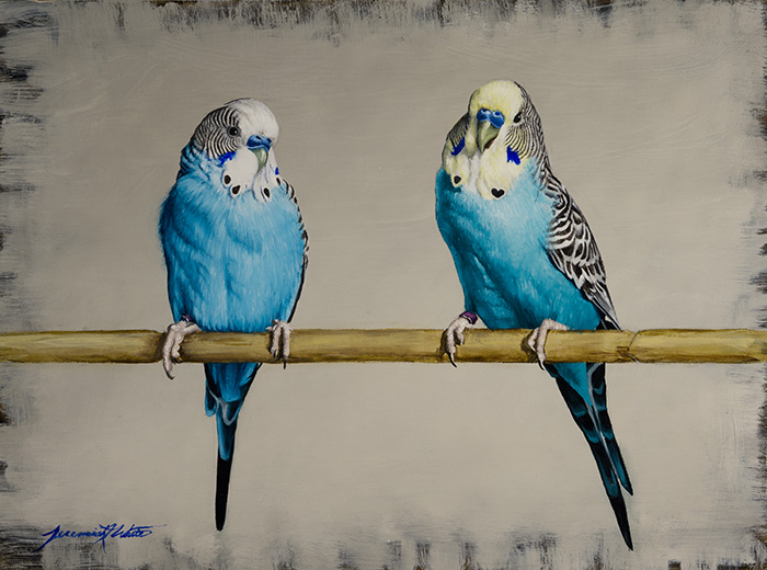 An animal painting of two parakeets (budgerigars) on a perch. One is blue and white, the other is a blue green and yellow.