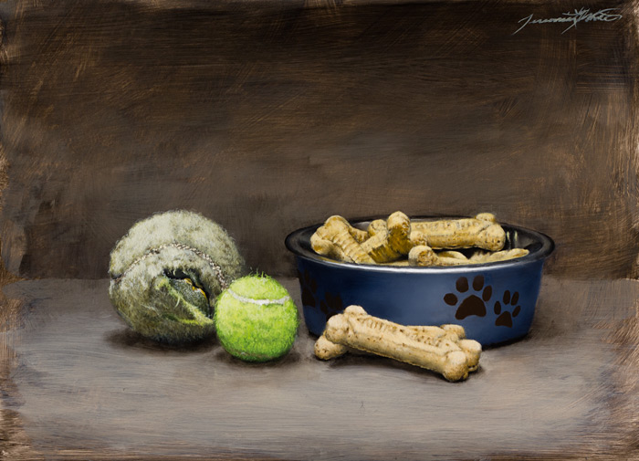 A still life oil painting of dog toys and treats. A favorite toy, a well used tennis ball, sits behind a tiny green tennis ball. Next to those is a blue dog bowl filled with dog biscuits.