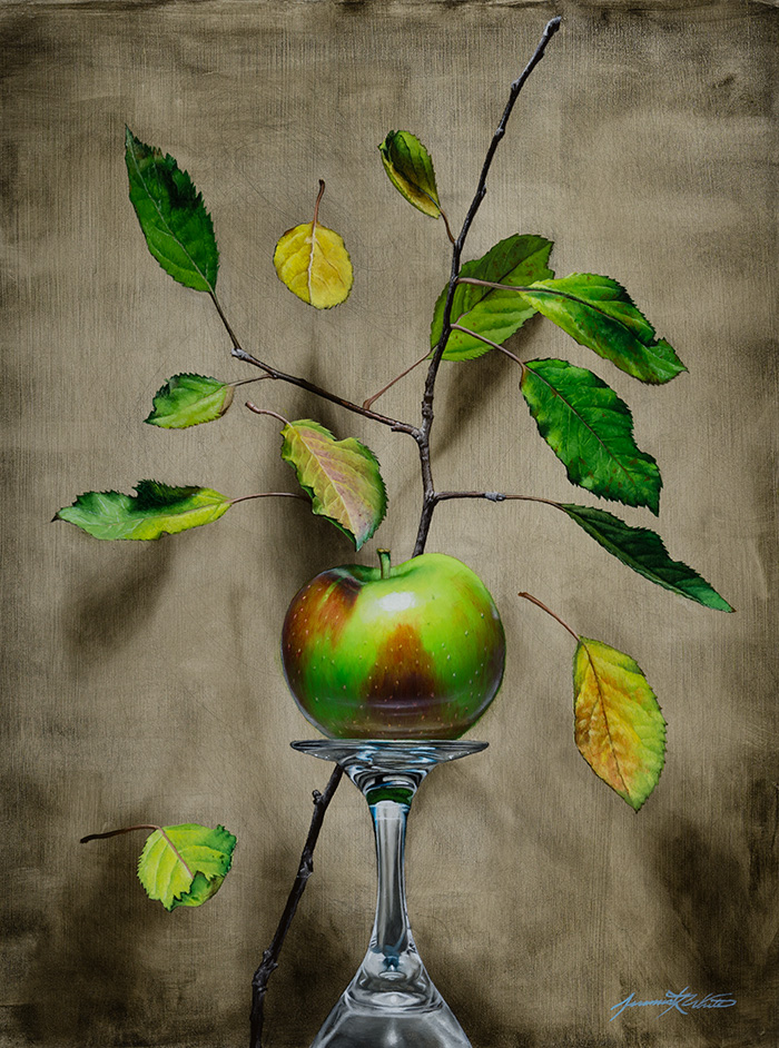 A still life painting of a green and red McIntosh apple on an upside-down wine glass surrounded by falling autumn apple tree leaves.