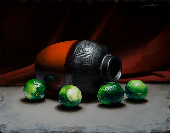 A still life painting of limes surrounding a red and black jar in front of a red cloth background.