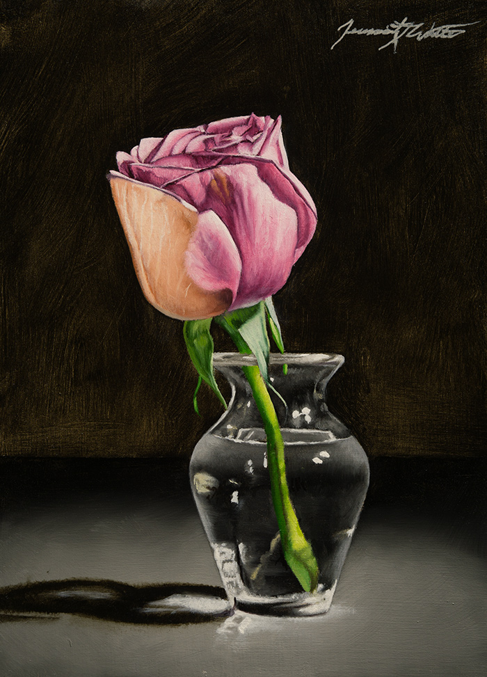 A still life painting of a small, single pink rose in a tiny clear glass vase.