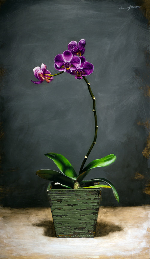 A still life painting of a tall orchid with violet flowers in a weathered wooden green vase.