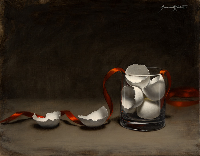 A painting of broken eggshells inside of a clear glass and outside in a still life. Red ribbon flows through the painting, going inside of the glass and around the egg shells outside of it. This painting was featured in Southwest Art Magazine.