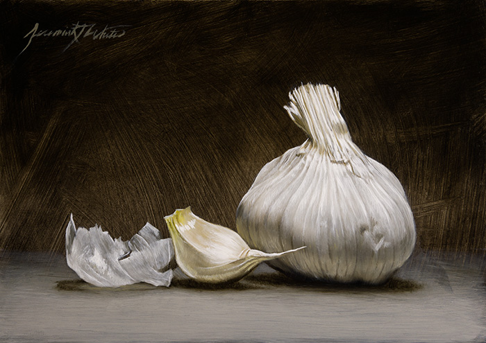 A small painting of garlic skin next to a clove and a bulb.