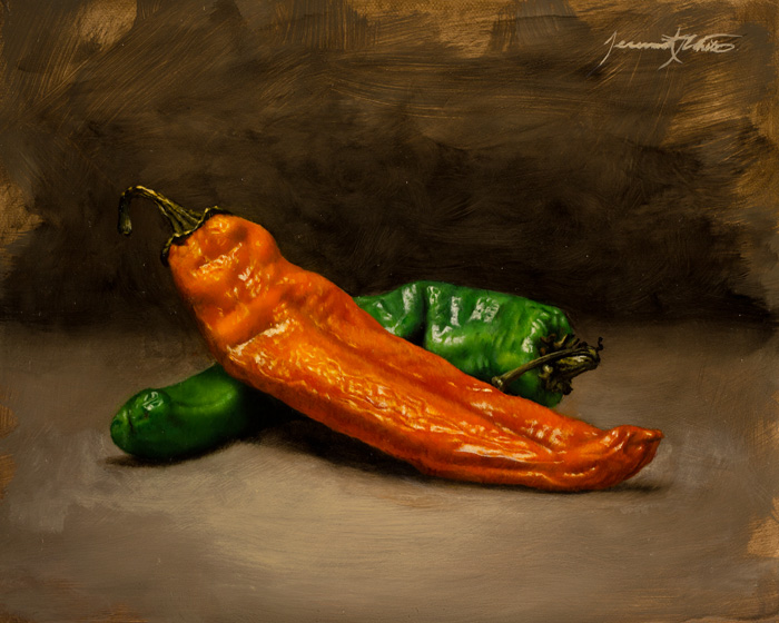 A still life oil painting of two wrinkled hatch chiles. An orange chile rests upon a green chile.