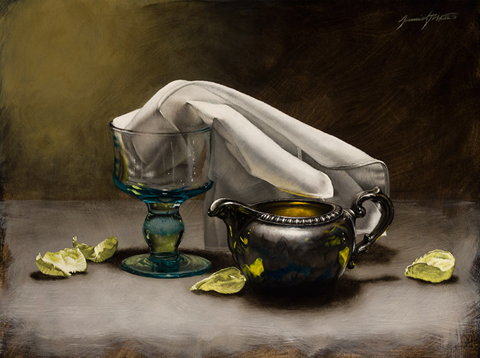 A still life painting of a green glass goblet, silver creamer, white cloth, surrounded by yellow rose petals. Memory was shown in the October 2014 issue in Southwest Art Magazine.