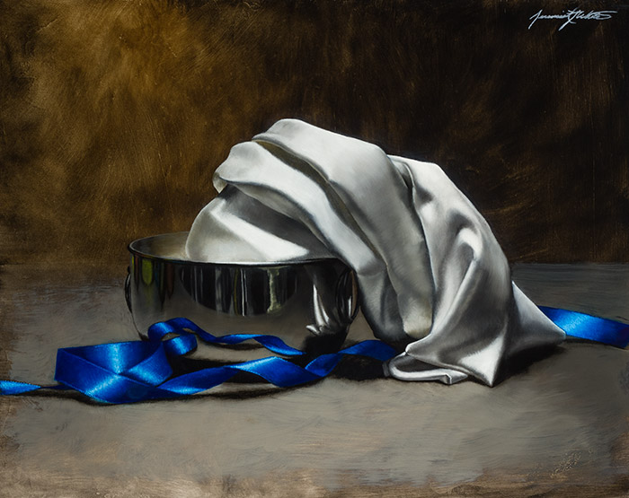 A still life/landscape painting of a white silk cloth in a silver bowl surrounded by blue ribbon.
