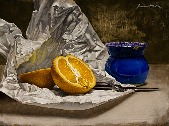 A still life painting of an orange cut in half, surrounded by white tissue paper, a paring knife, and a blue glazed clay pot.