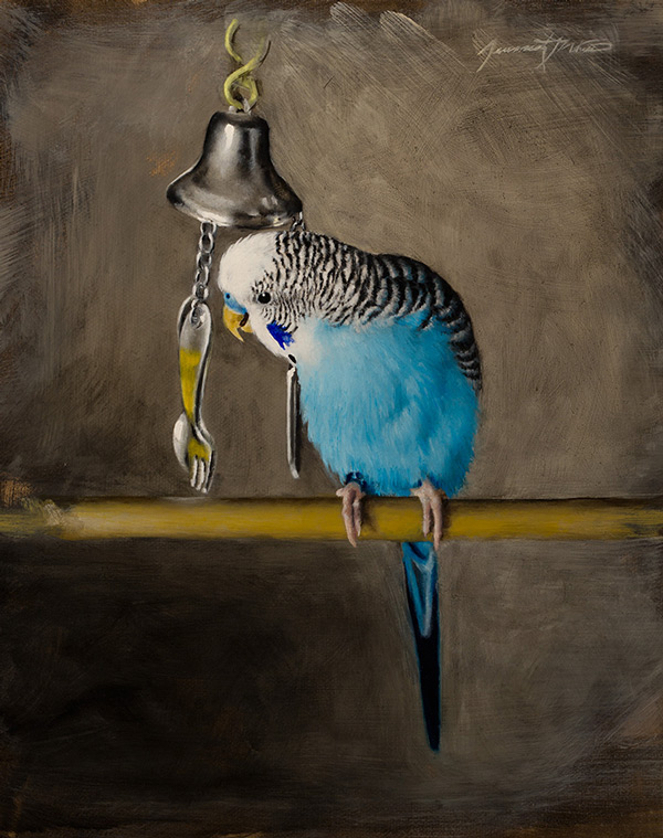An animal painting of a parakeet named Percy playing with his silverware bell.
